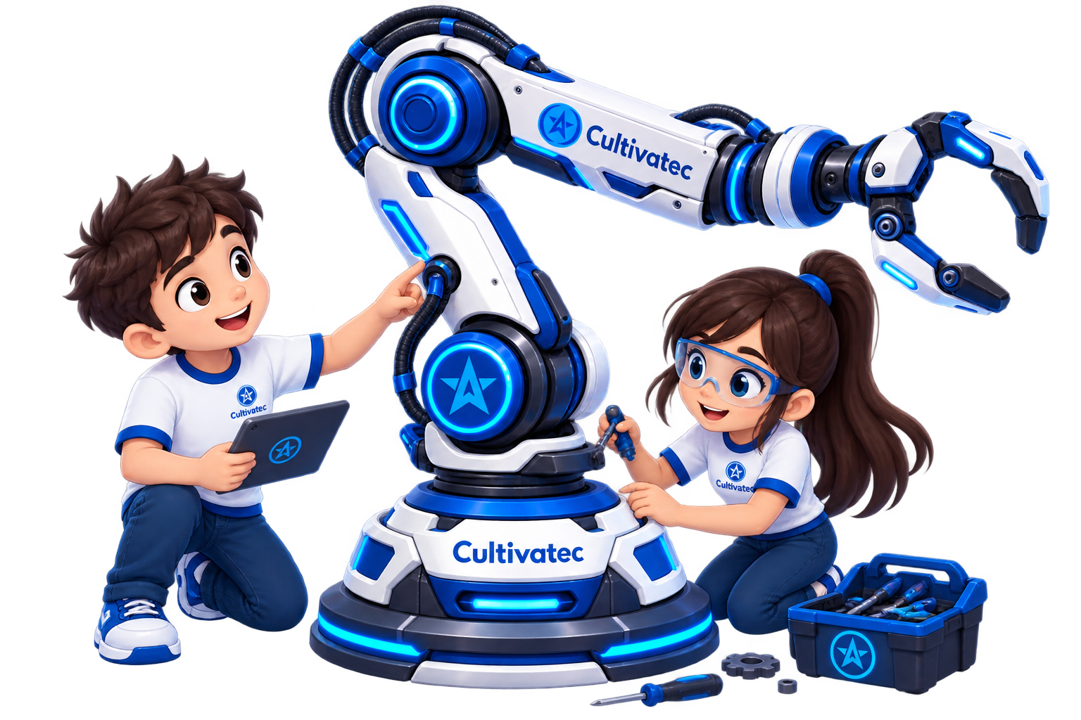 Dos niños armando el brazo robótico de Cultivatec