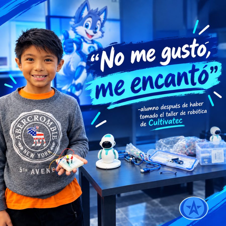 Alumno de Cultivatec mostrando su primer circuito armado en un taller, con Valeon de fondo