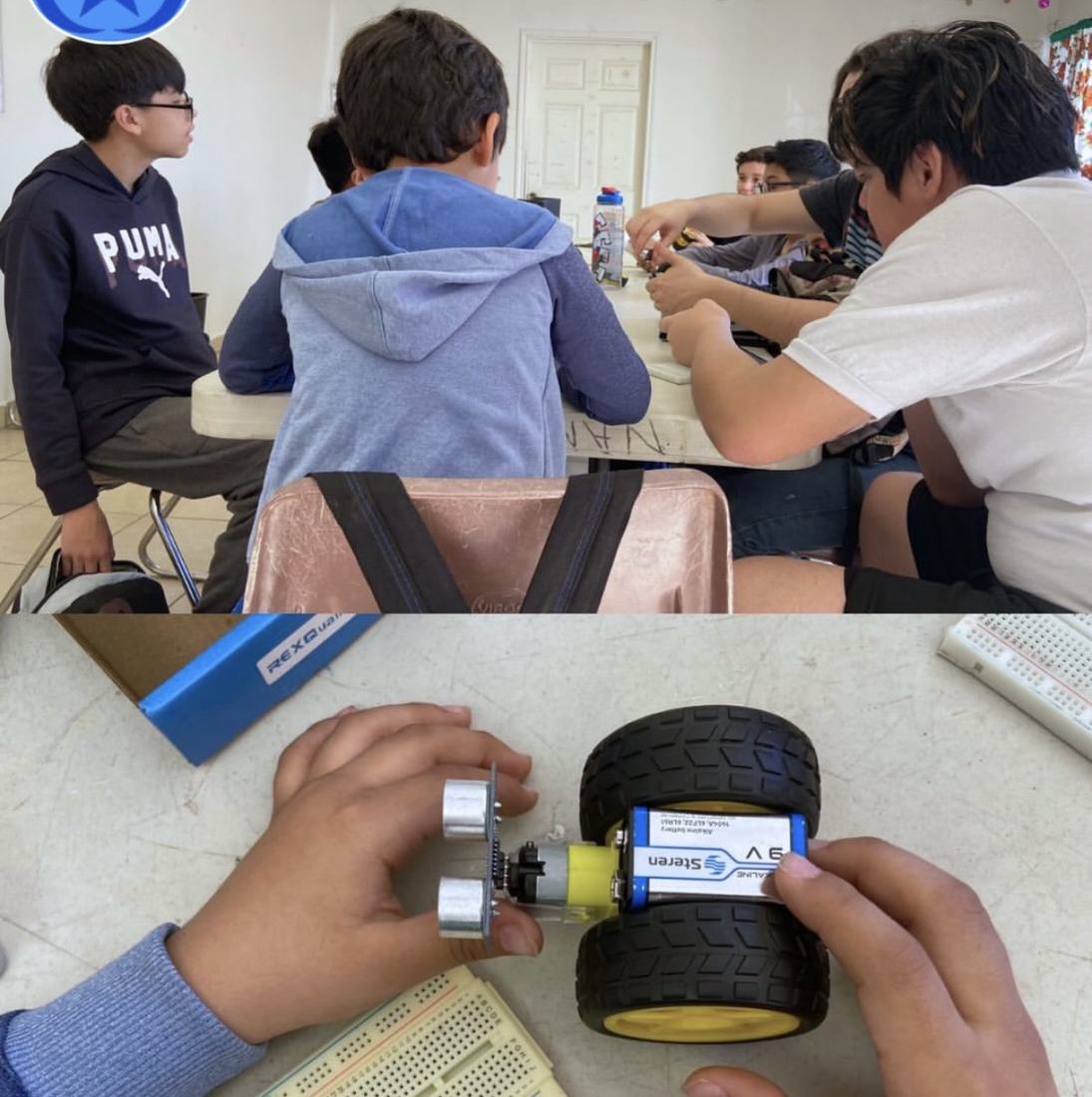 Manos de un alumno con los motorreductores y las ruedas del kit de robótica de CultivaTec