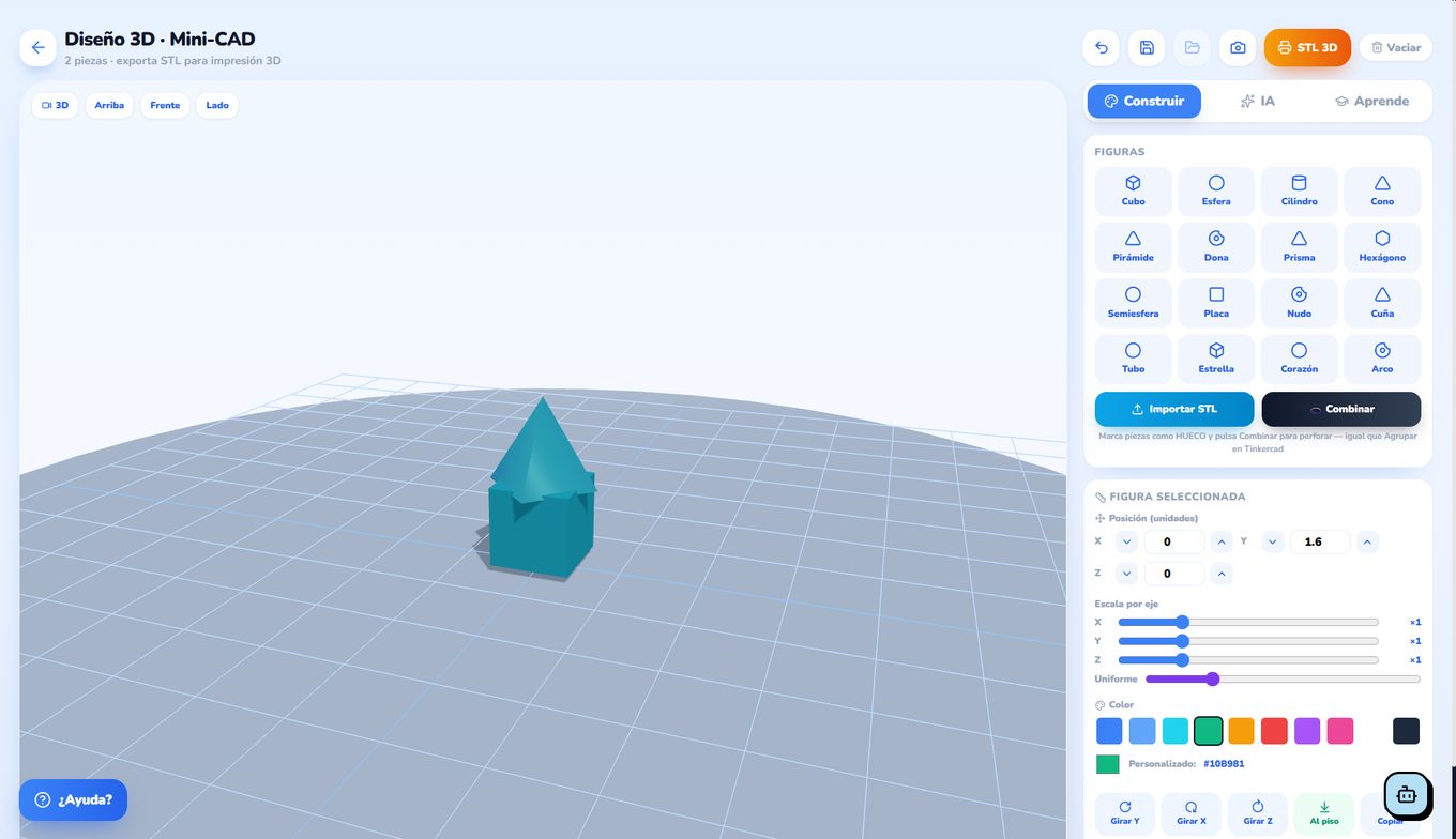 Editor Mini-CAD de CultivaTec con una pieza modelada lista para exportar a STL