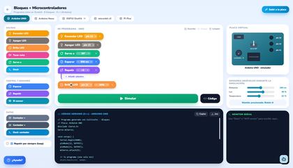 Editor de bloques de CultivaTec junto al código Arduino generado automáticamente